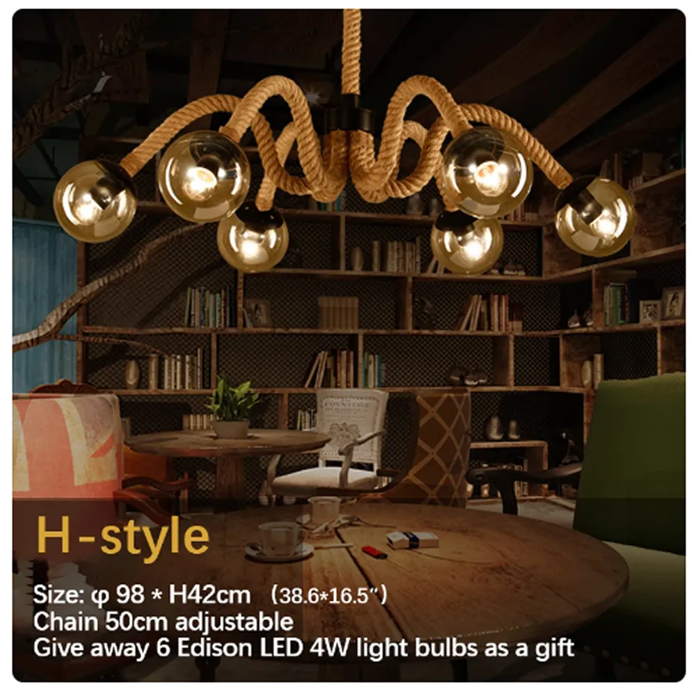 Home Decoration Fluorescent Bulb Brass Rope Pendant Light Q24-10-14
