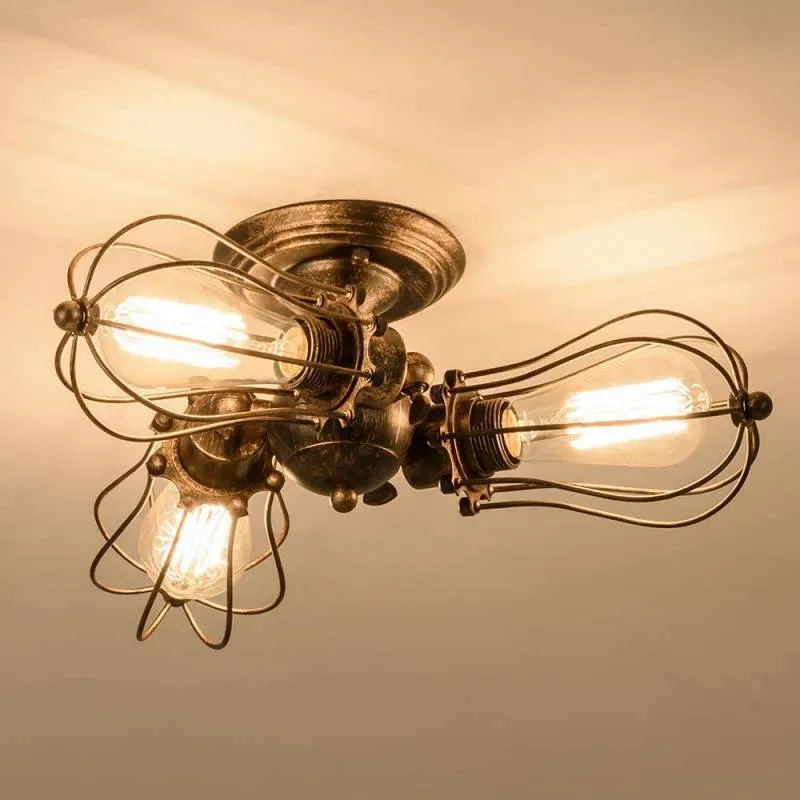 Industrial Wire Cage Metal Bedroom Ceiling Light - Rustic Close-to-Ceiling Mount