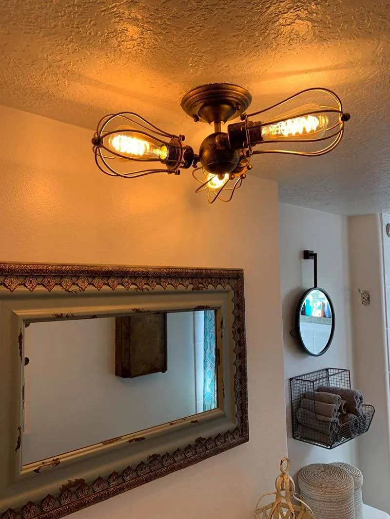 Industrial Wire Cage Metal Bedroom Ceiling Light - Rustic Close-to-Ceiling Mount