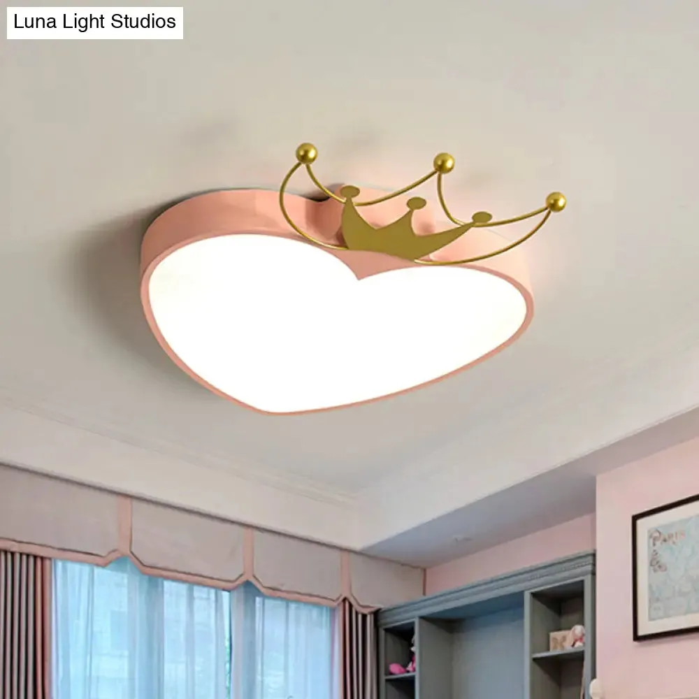 Kids' Pink/White Apple Ceiling Mount Light with Crown Ornament - LED Acrylic Flush-Mount Fixture