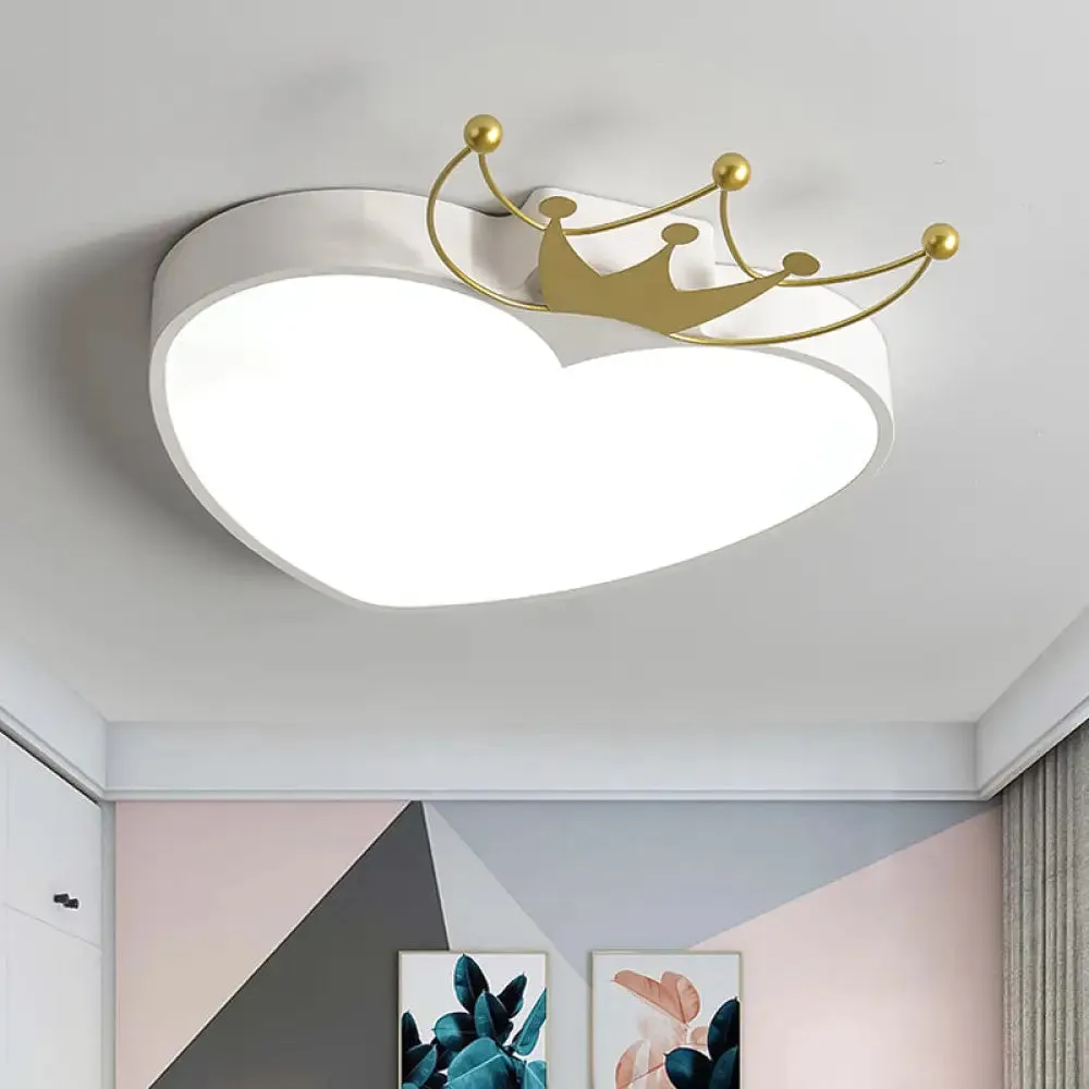 Kids' Pink/White Apple Ceiling Mount Light with Crown Ornament - LED Acrylic Flush-Mount Fixture