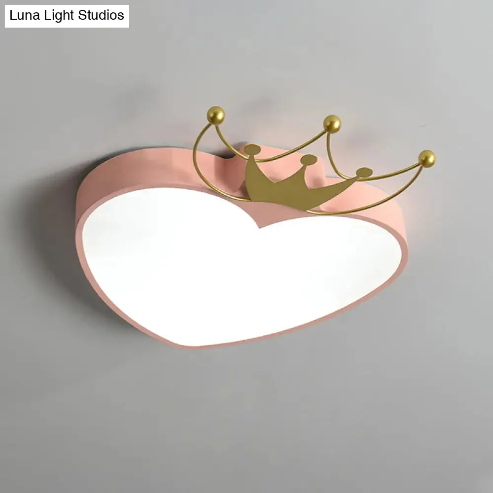 Kids' Pink/White Apple Ceiling Mount Light with Crown Ornament - LED Acrylic Flush-Mount Fixture