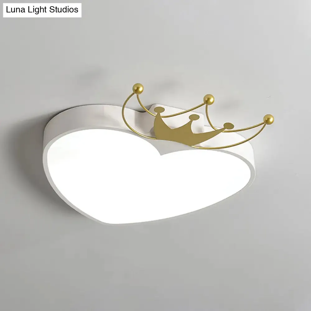 Kids' Pink/White Apple Ceiling Mount Light with Crown Ornament - LED Acrylic Flush-Mount Fixture