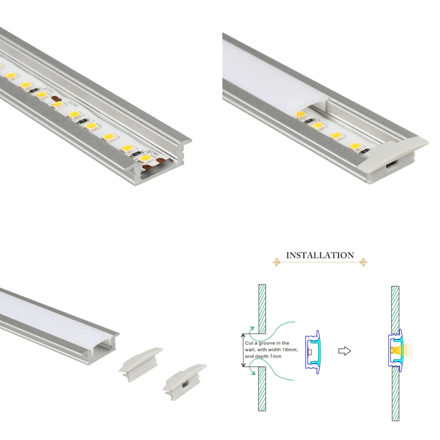 LED Strip Light Aluminium Recessed Profile Milky Cover Cabinet LED Channel