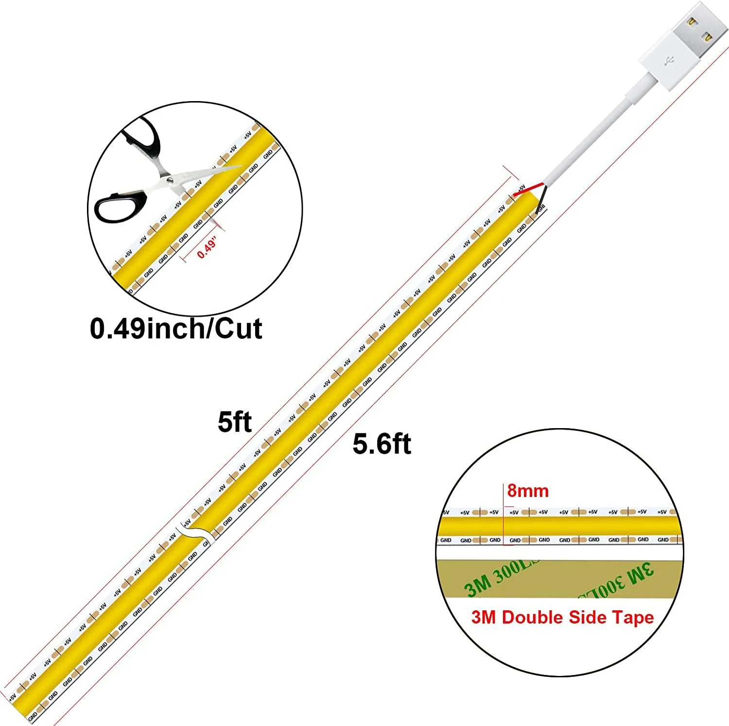 LED Strip Lights USB Powered, 1.5m/4.9ft COB LED Strip Light 1200lm