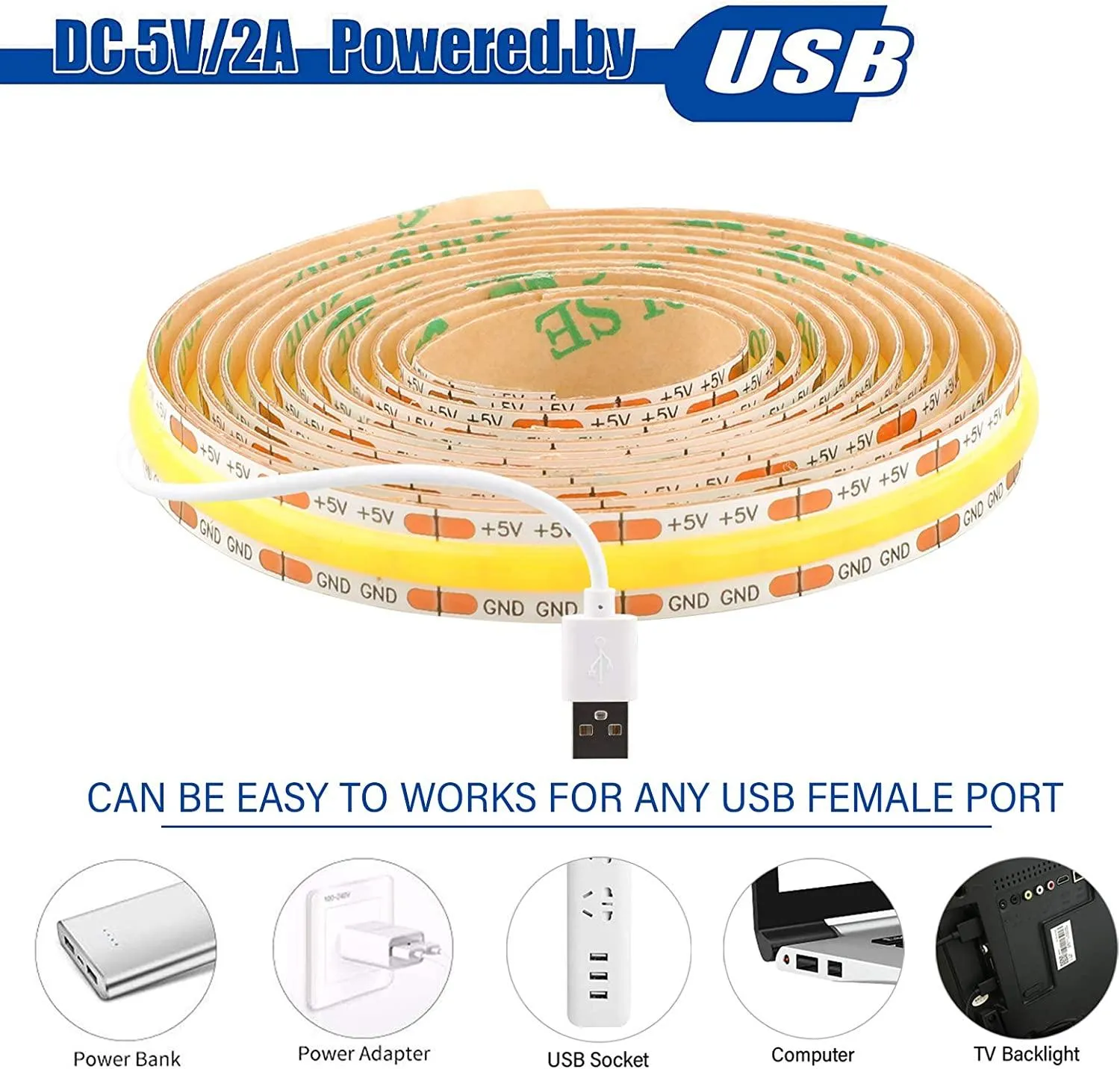 LED Strip Lights USB Powered, 1.5m/4.9ft COB LED Strip Light 1200lm