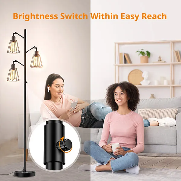 Lepower-tec Industrial Tree Tall Floor Lamp 3 Lights with Dimmer (Bulb Included)