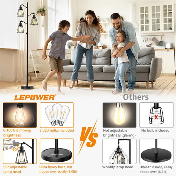 Lepower-tec Industrial Tree Tall Floor Lamp 3 Lights with Dimmer (Bulb Included)