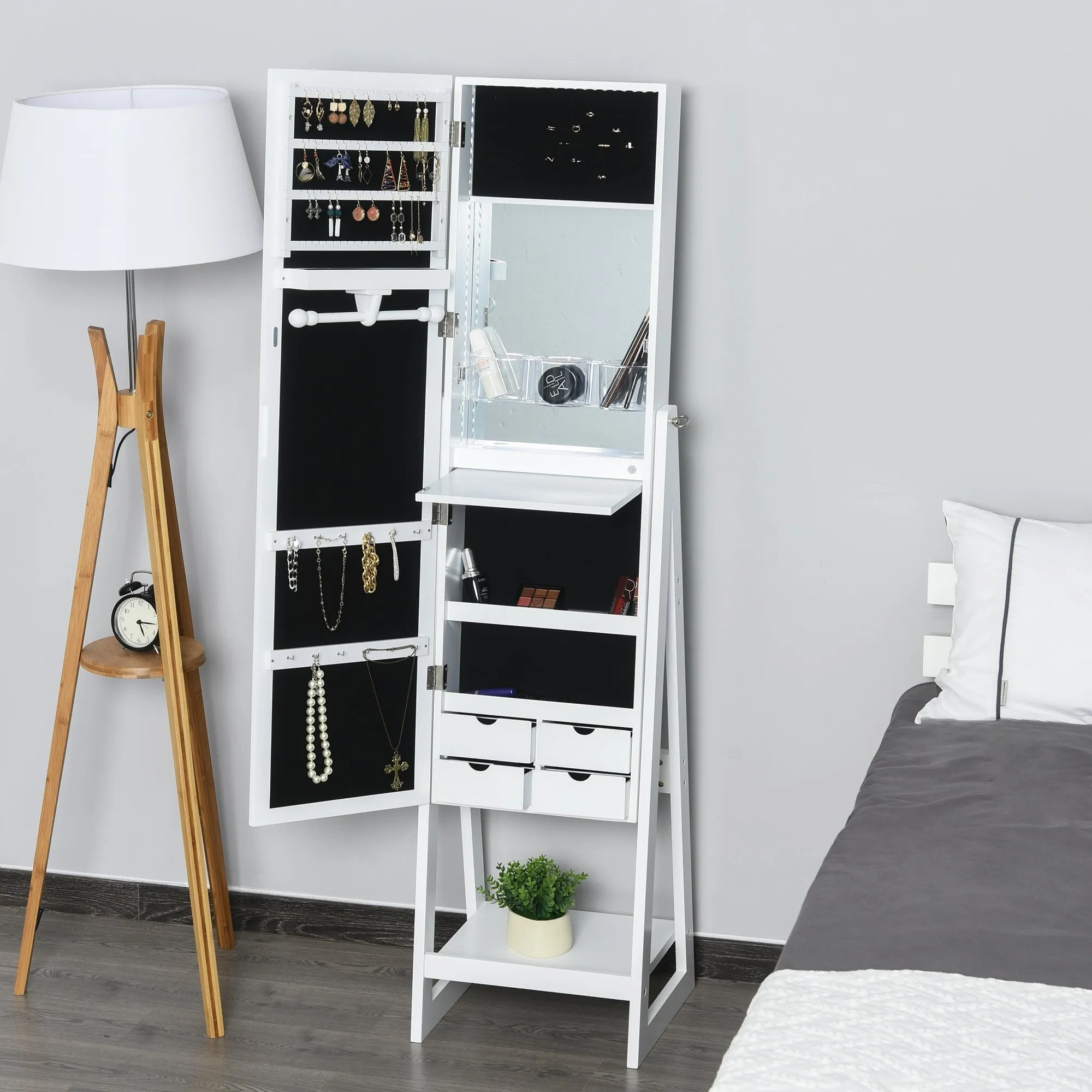 MDF Freestanding Glass Mirror Jewellery Cabinet w/ Storage Shelves White