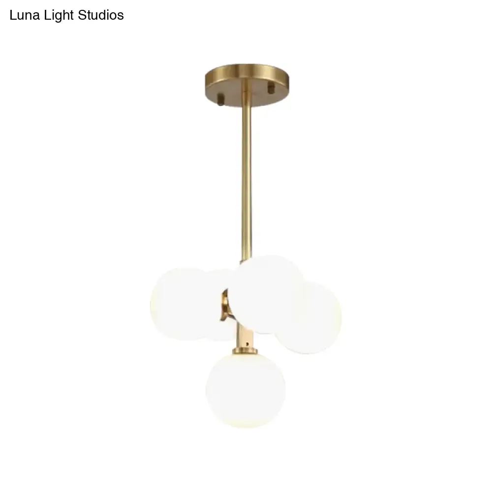 Modern Brass Round Hanging Chandelier with 5 White Frosted Glass LED Pendant Lights