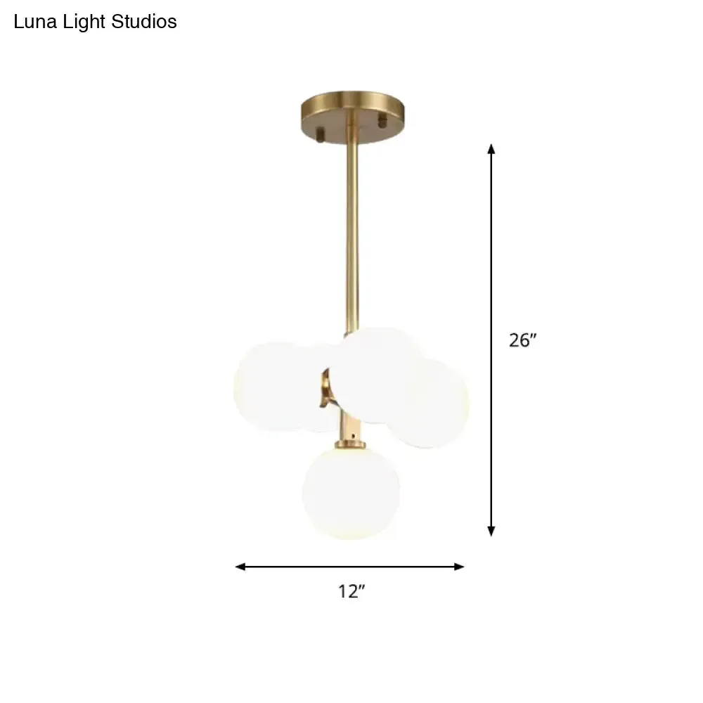 Modern Brass Round Hanging Chandelier with 5 White Frosted Glass LED Pendant Lights