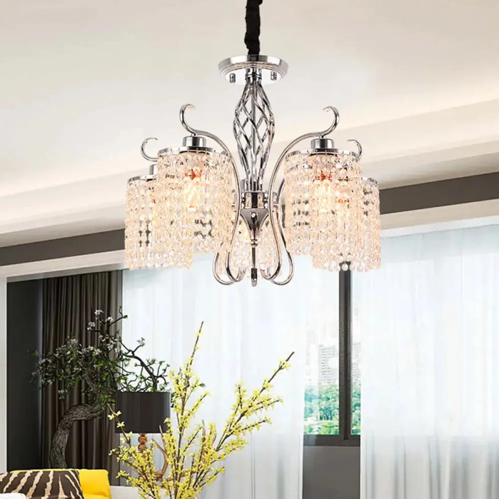 Modern Crystal Cylinder Chandelier Pendant Light - 3/5 Lights, Chrome Finish, Ideal for Living Room