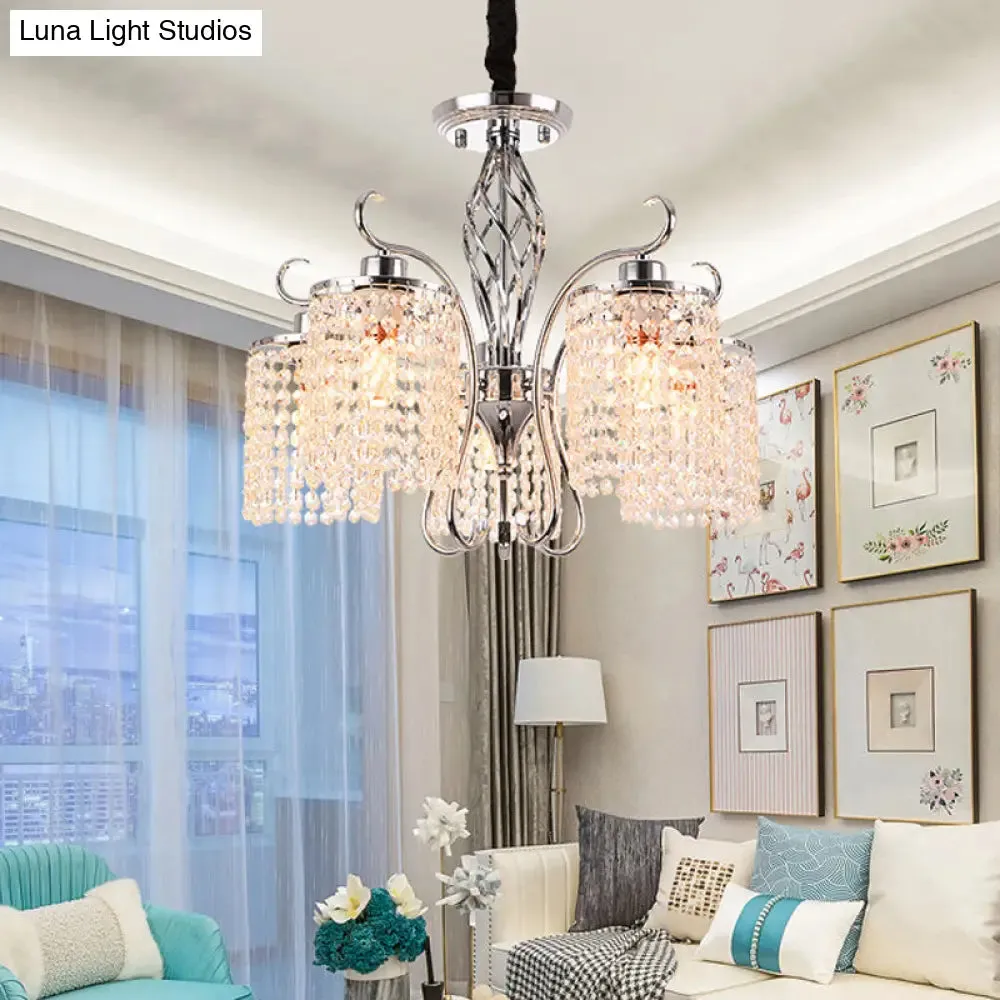 Modern Crystal Cylinder Chandelier Pendant Light - 3/5 Lights, Chrome Finish, Ideal for Living Room
