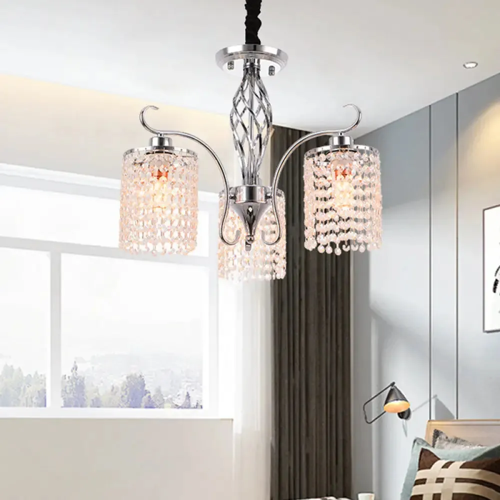 Modern Crystal Cylinder Chandelier Pendant Light - 3/5 Lights, Chrome Finish, Ideal for Living Room