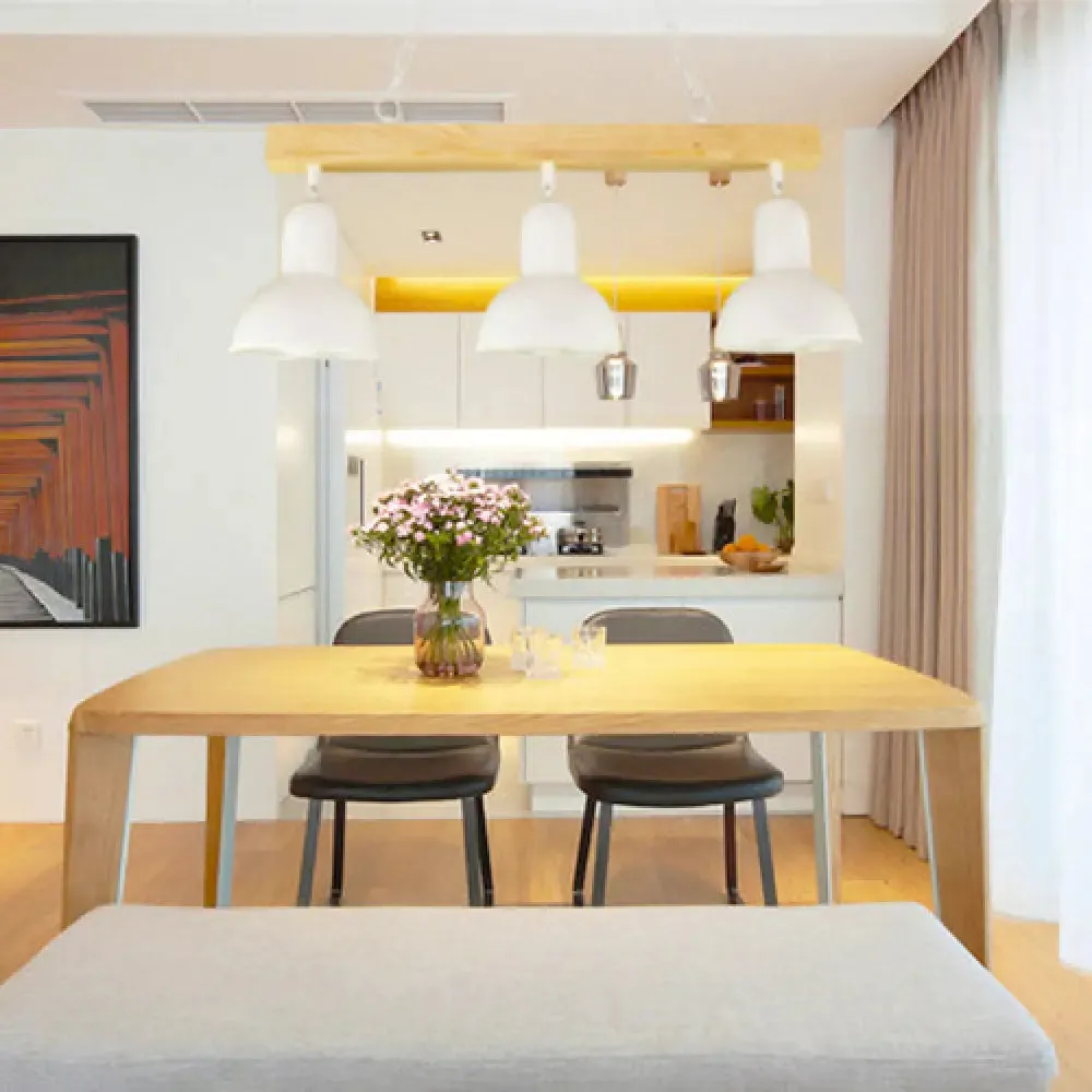 Modern Dome Island Lighting - 2/3 Heads, Black/White Metal Pendant Light with Wooden Beam for Kitchen