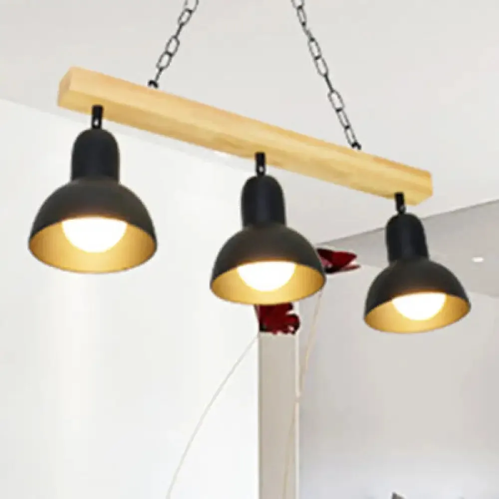 Modern Dome Island Lighting - 2/3 Heads, Black/White Metal Pendant Light with Wooden Beam for Kitchen