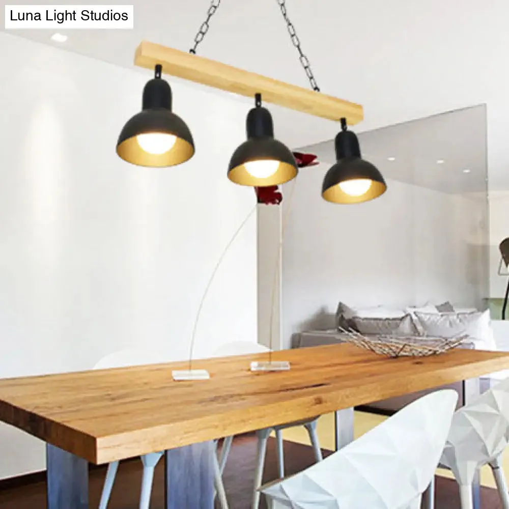 Modern Dome Island Lighting - 2/3 Heads, Black/White Metal Pendant Light with Wooden Beam for Kitchen