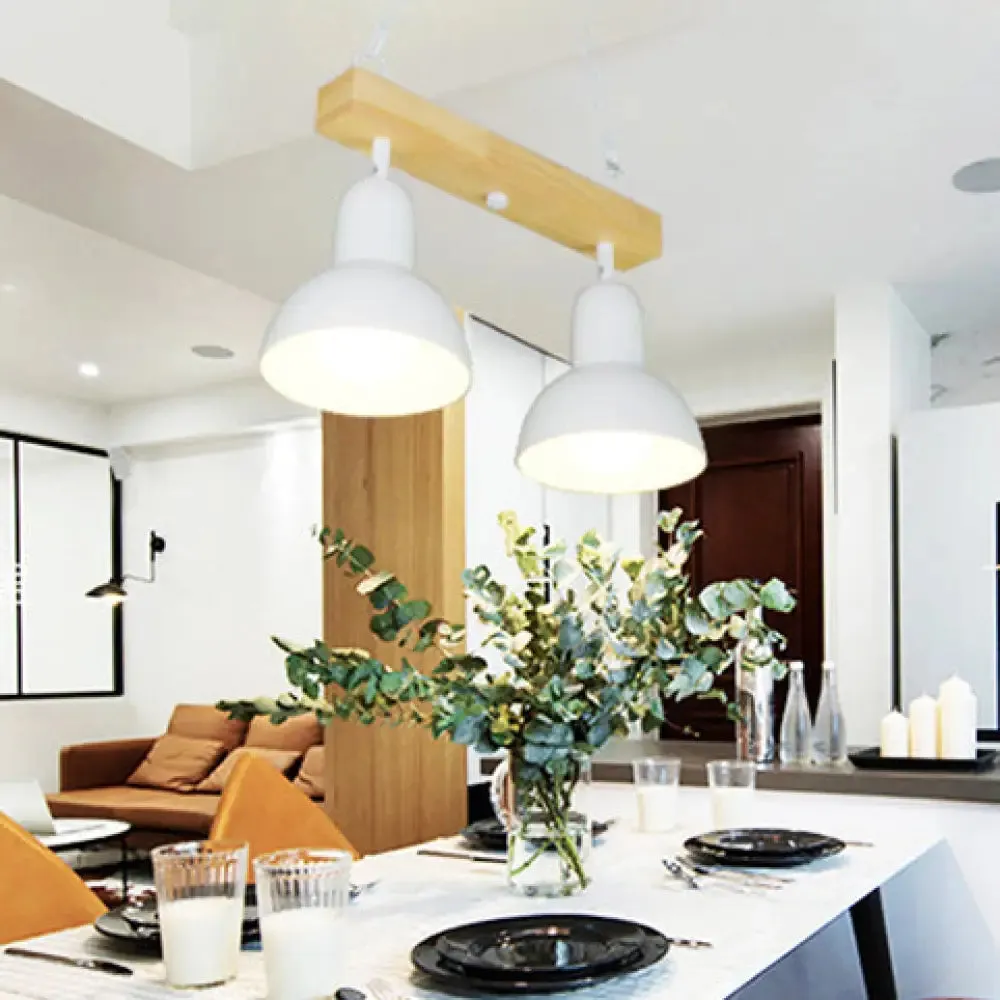 Modern Dome Island Lighting - 2/3 Heads, Black/White Metal Pendant Light with Wooden Beam for Kitchen