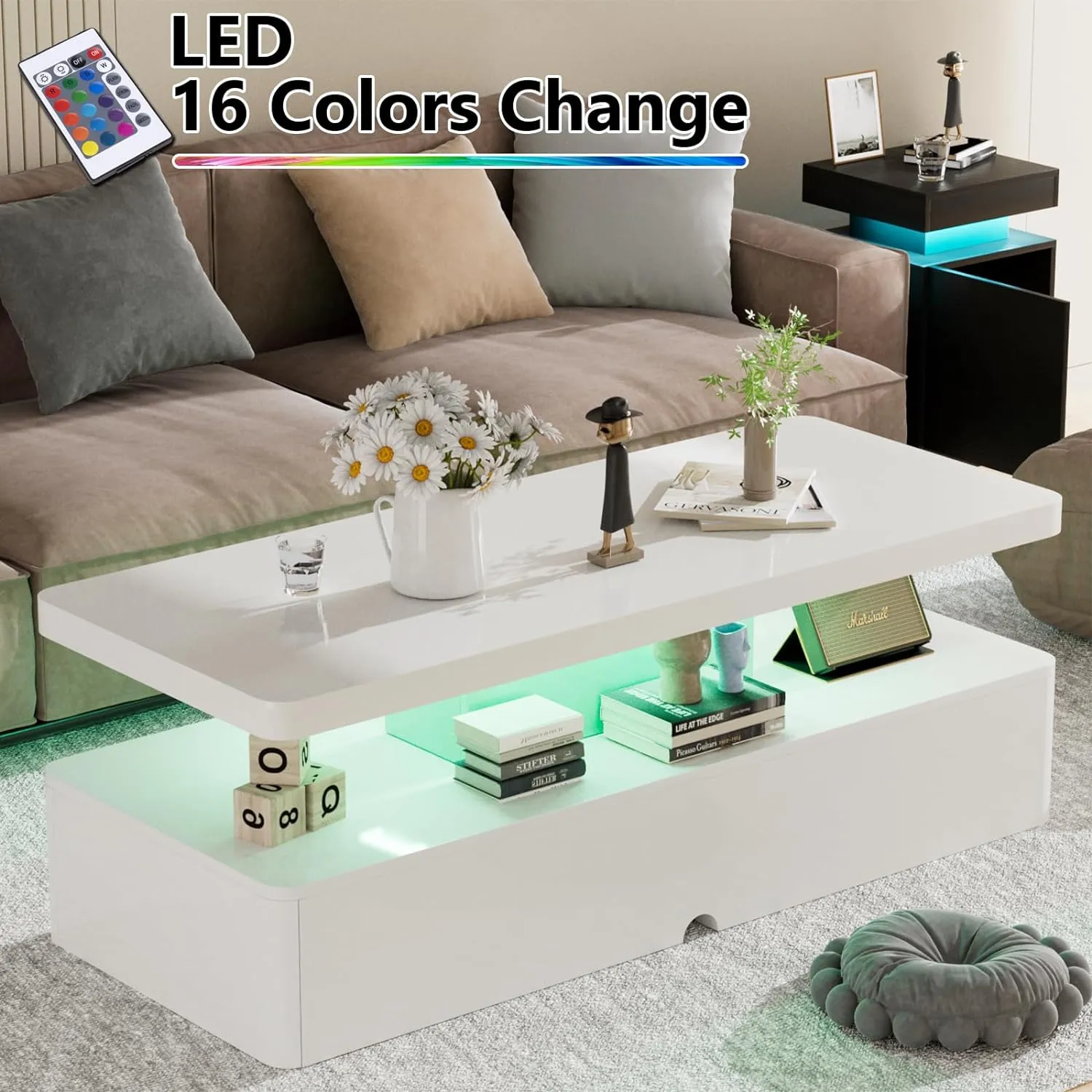 Modern Stylish Double-Layer High Gloss Coffee Table with LED Light