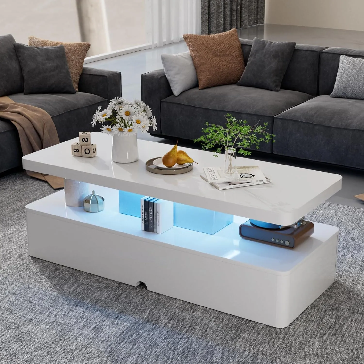Modern Stylish Double-Layer High Gloss Coffee Table with LED Light