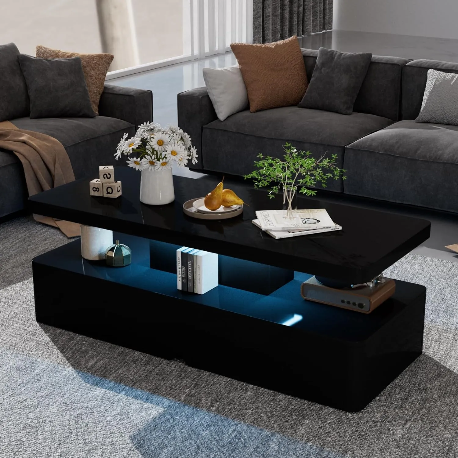 Modern Stylish Double-Layer High Gloss Coffee Table with LED Light