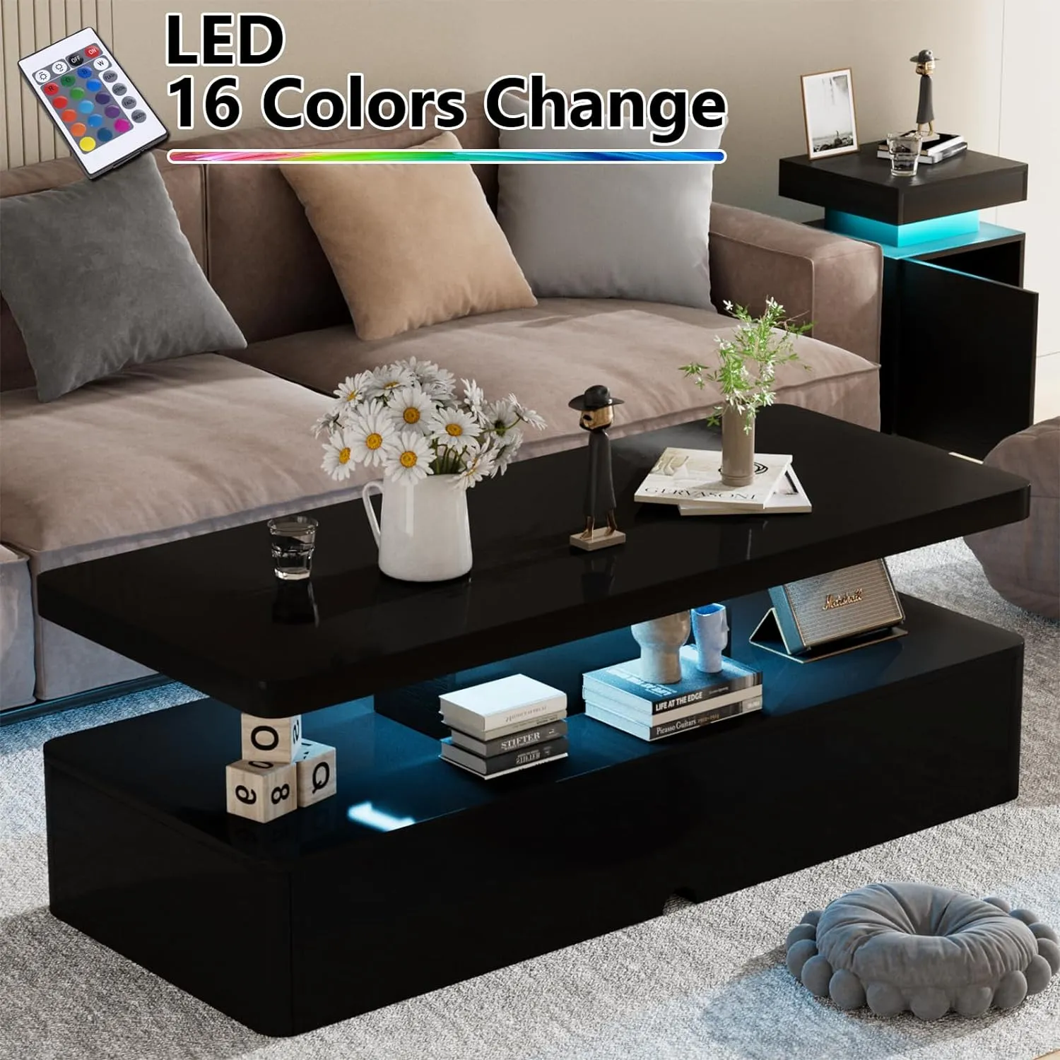 Modern Stylish Double-Layer High Gloss Coffee Table with LED Light