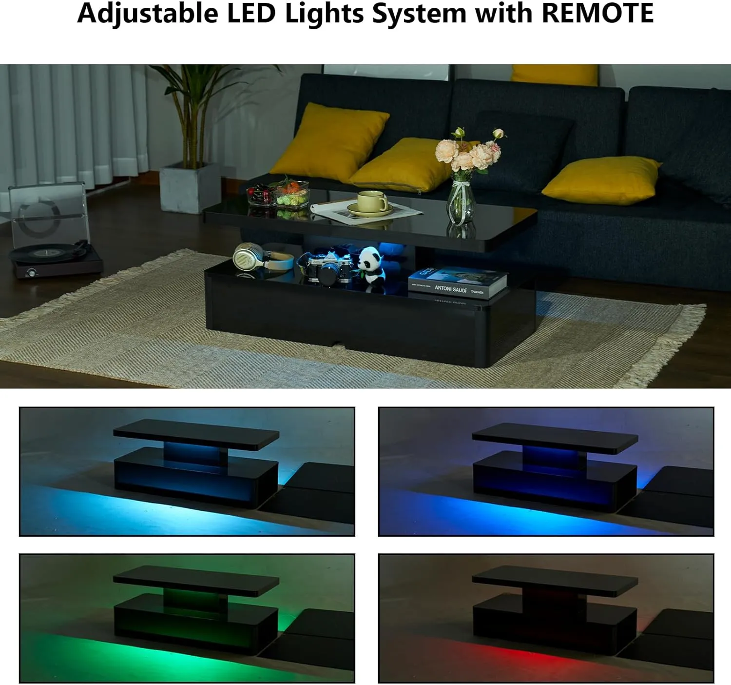 Modern Stylish Double-Layer High Gloss Coffee Table with LED Light