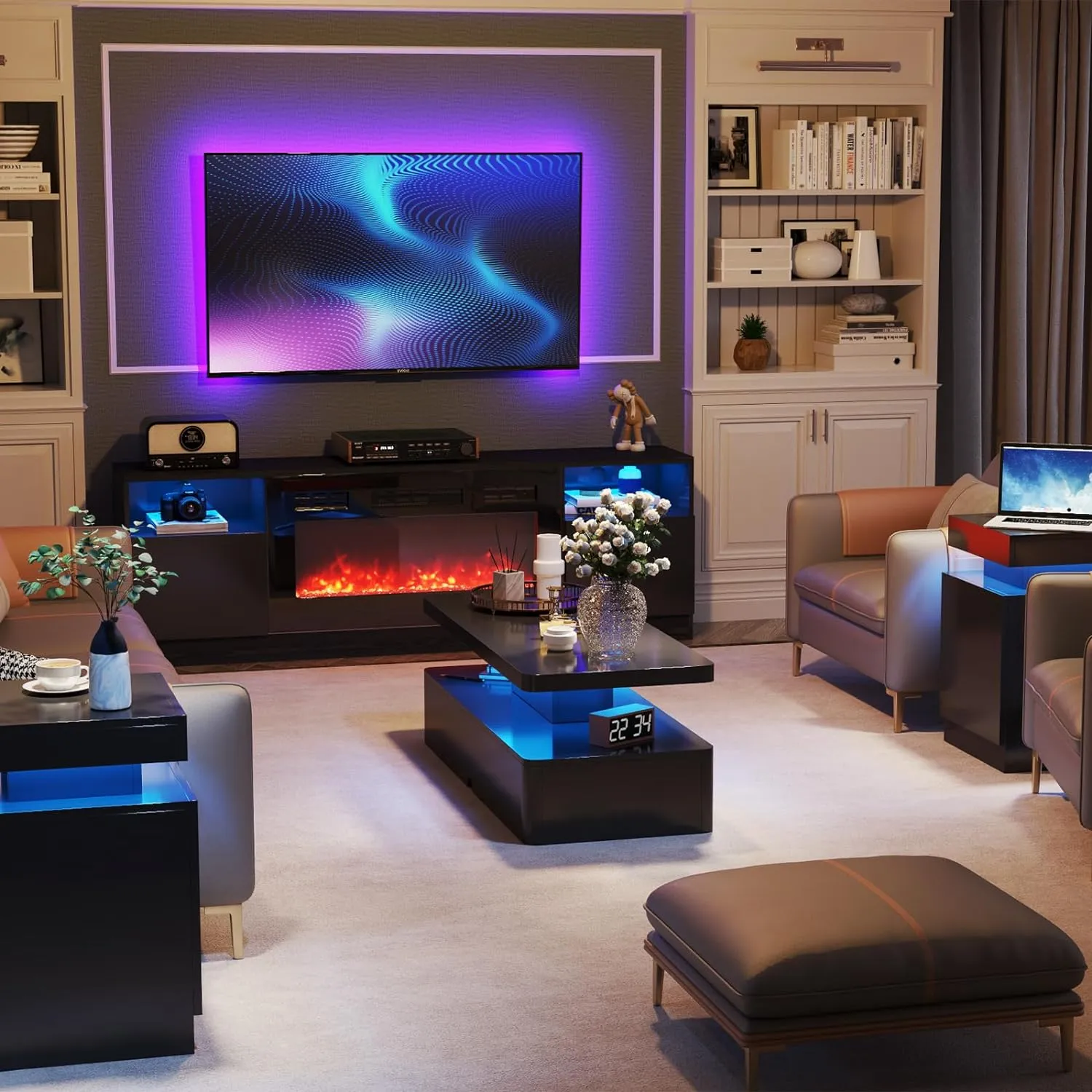 Modern Stylish Double-Layer High Gloss Coffee Table with LED Light