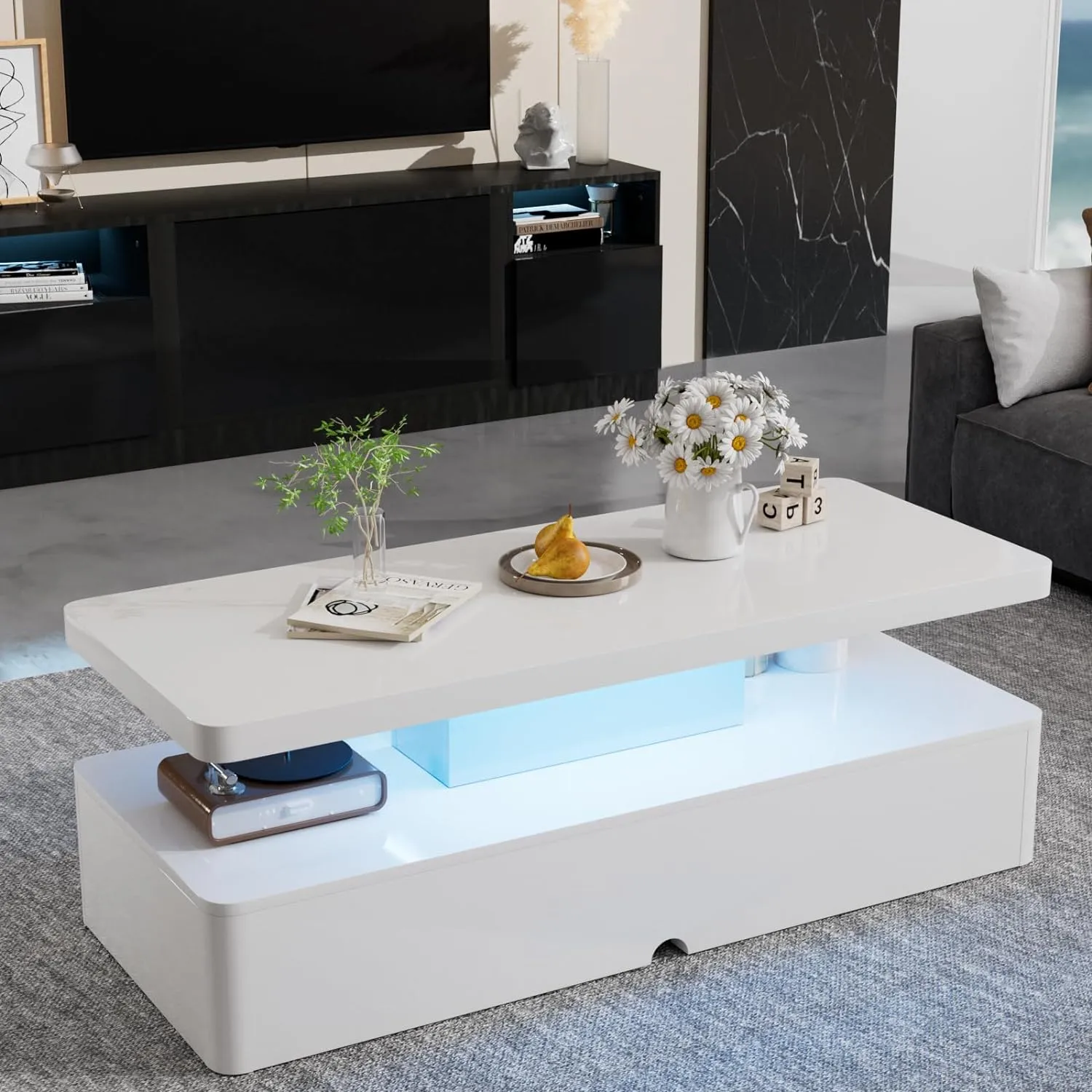 Modern Stylish Double-Layer High Gloss Coffee Table with LED Light