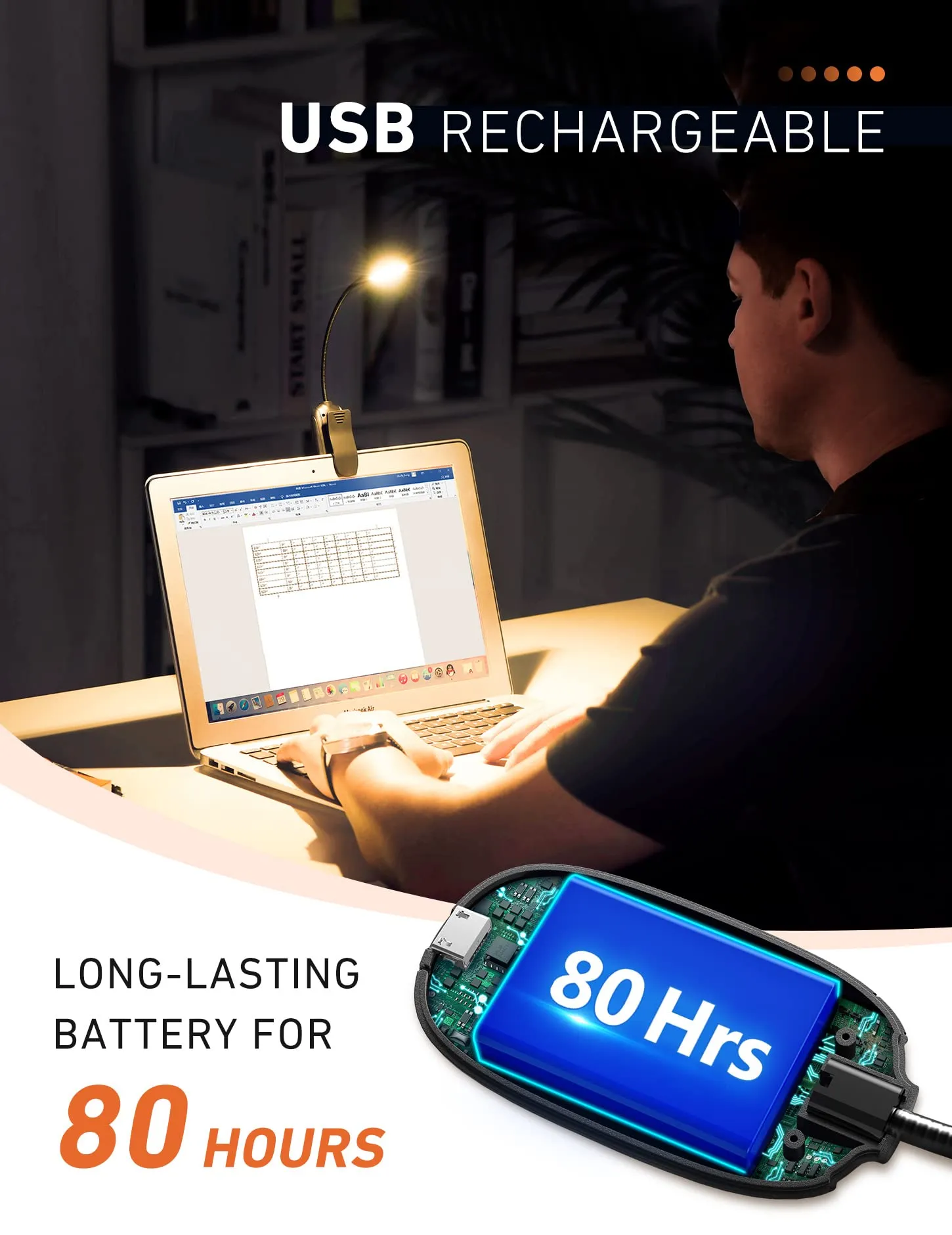 Monotremp Book Lights for Reading at Night in Bed, 80 Hours Runtime LED Book Light Rechargeable, 3 Brightness Levels × 3 Color Temperatures, 1.3 oz Lightweight Reading Lights for Books in Bed