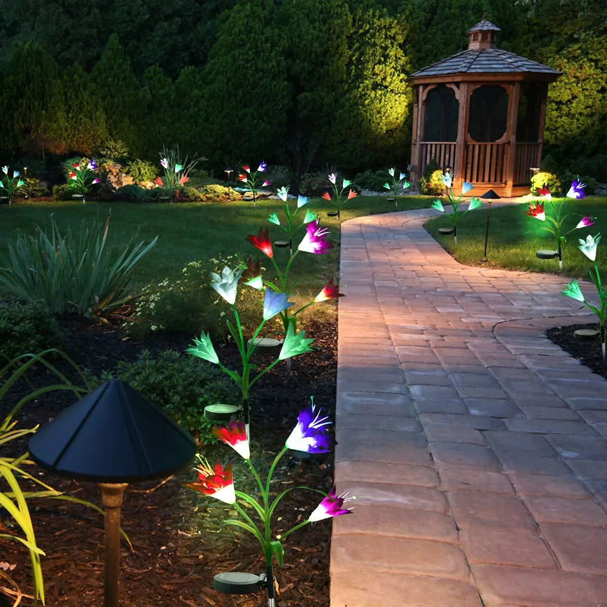 New-Upgraded Artificial Lily Solar Garden Stake Lights (2 Packs of 8 Lilies)