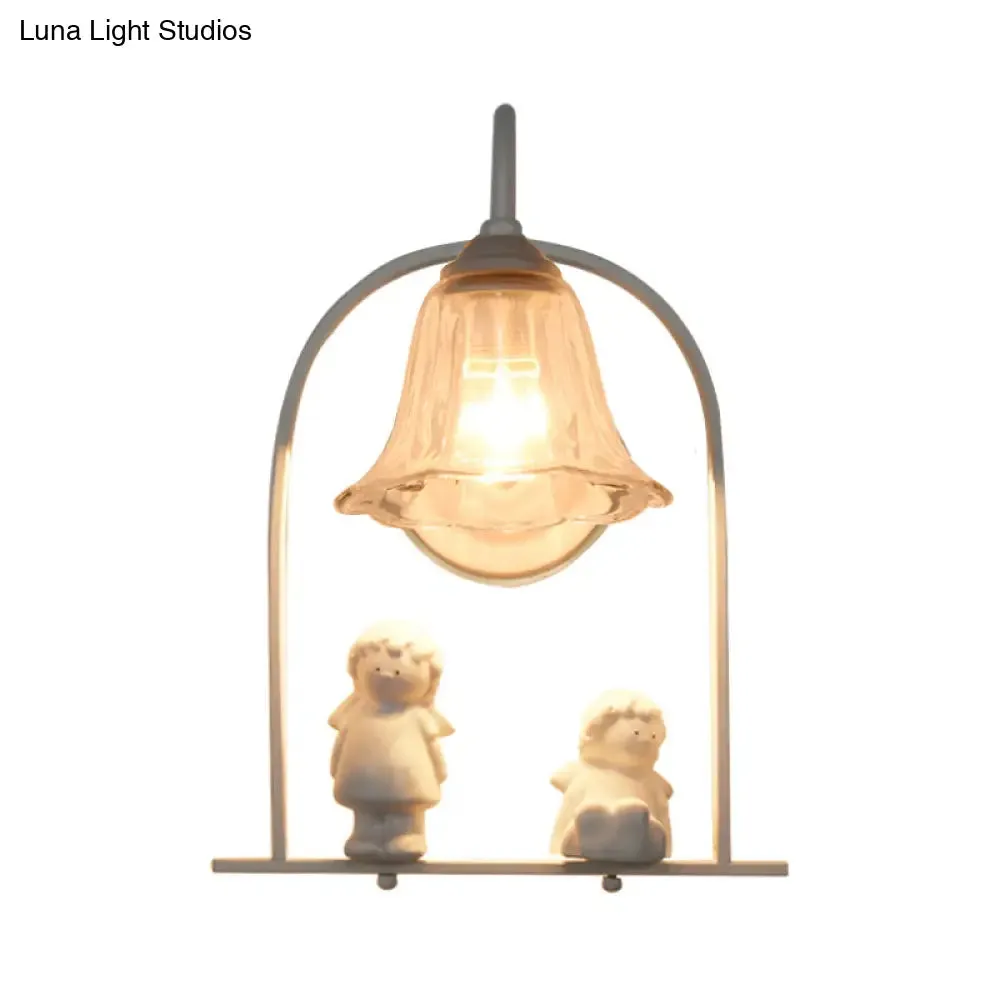 Nordic Iron Pendant Light with Flower Glass Shade - White Arched Frame, 1 Head, and Resin Angel Deco