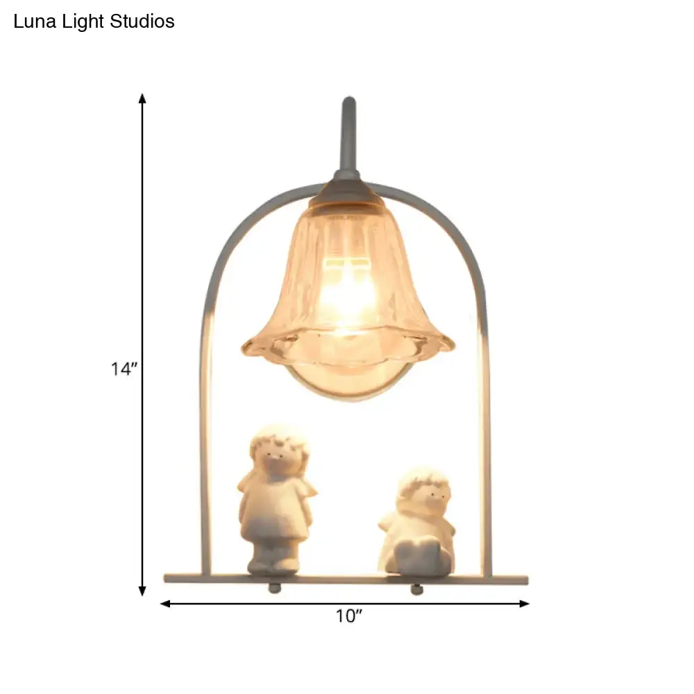 Nordic Iron Pendant Light with Flower Glass Shade - White Arched Frame, 1 Head, and Resin Angel Deco