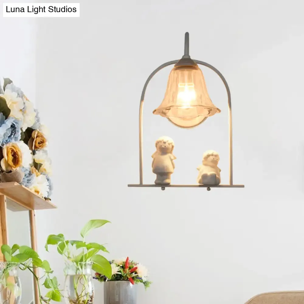 Nordic Iron Pendant Light with Flower Glass Shade - White Arched Frame, 1 Head, and Resin Angel Deco