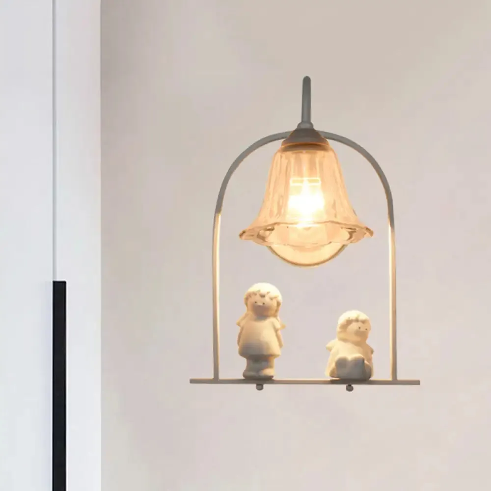 Nordic Iron Pendant Light with Flower Glass Shade - White Arched Frame, 1 Head, and Resin Angel Deco
