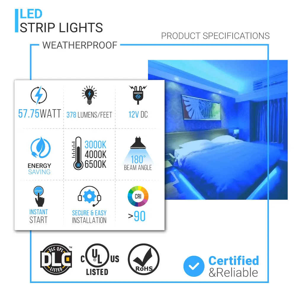 Outdoor LED Strip Lights Waterproof, IP65, 16.4ft Dimmable, 12V, SMD 5050, 378 Lumens/ft, with 72W/100-240V AC Power Supply - KIT