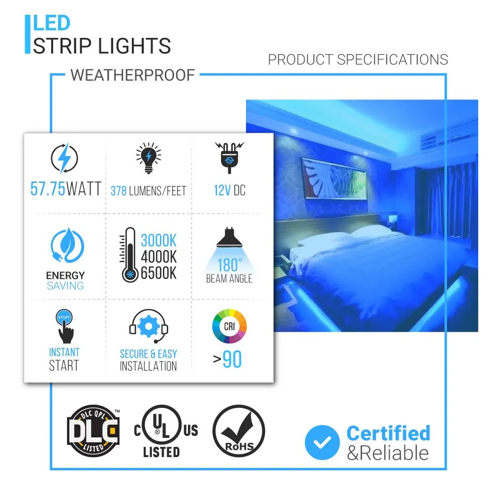 Outdoor LED Strip Lights Waterproof, IP65, 16.4ft Dimmable, 12V, SMD 5050, 378 Lumens/ft, with 72W/100-240V AC Power Supply - KIT