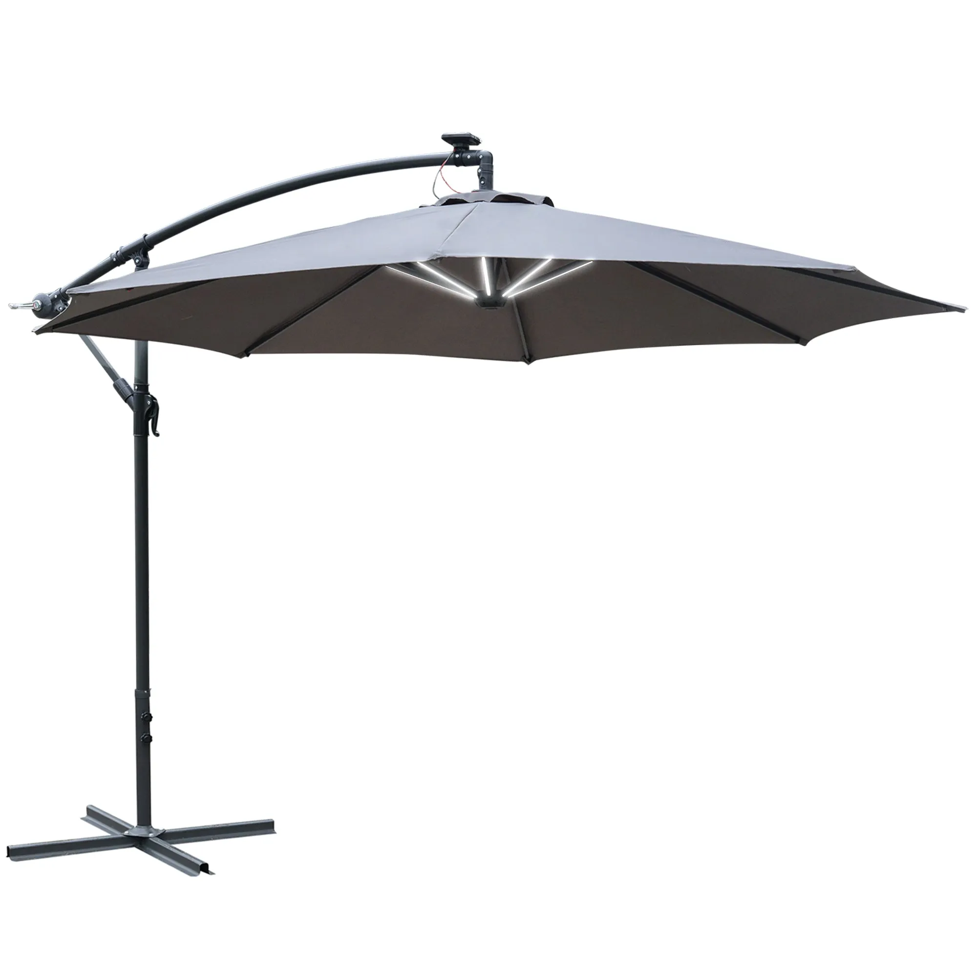 Outsunny 3(m) LED Patio Banana Umbrella Cantilever Parasol w/ Crank, Grey