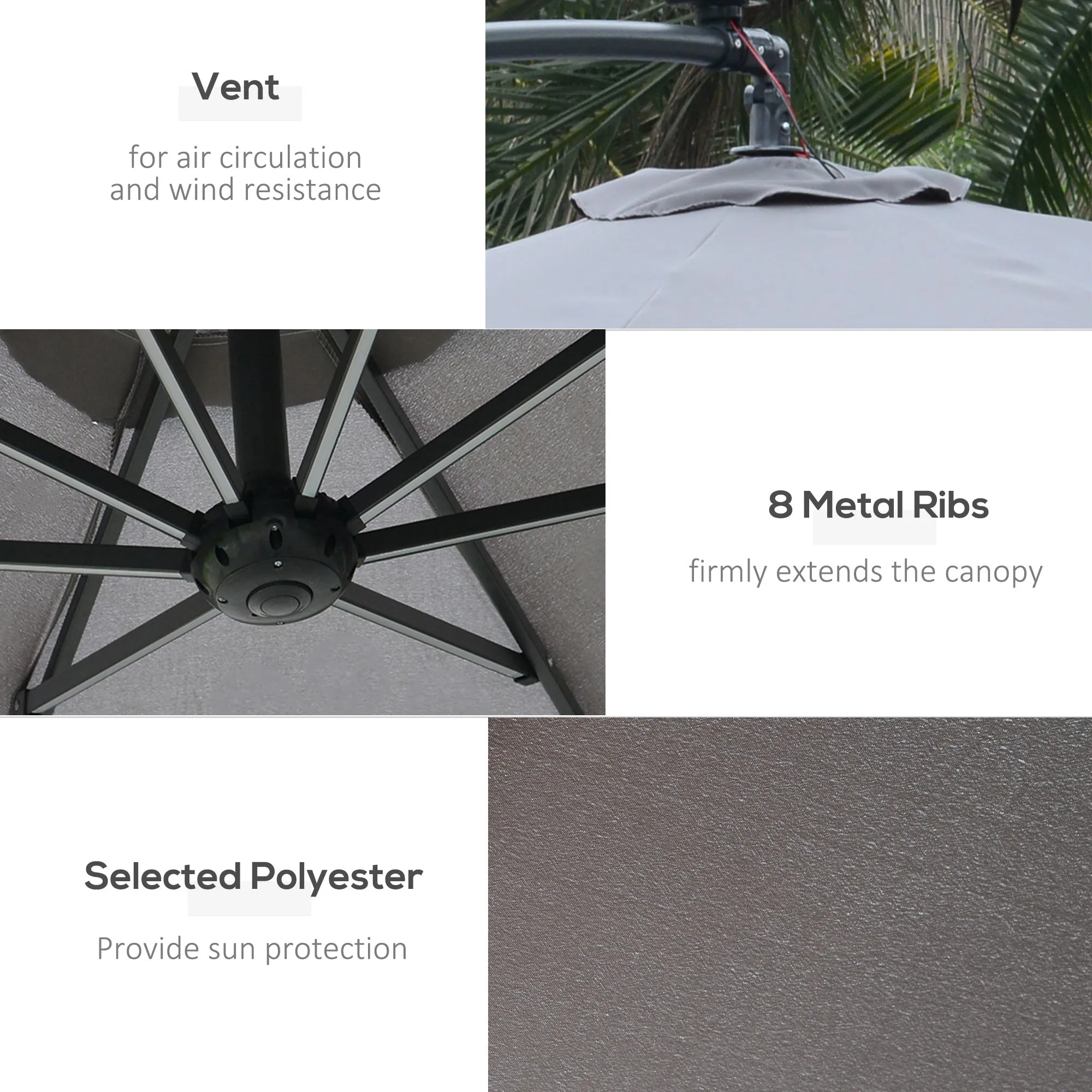 Outsunny 3(m) LED Patio Banana Umbrella Cantilever Parasol w/ Crank, Grey