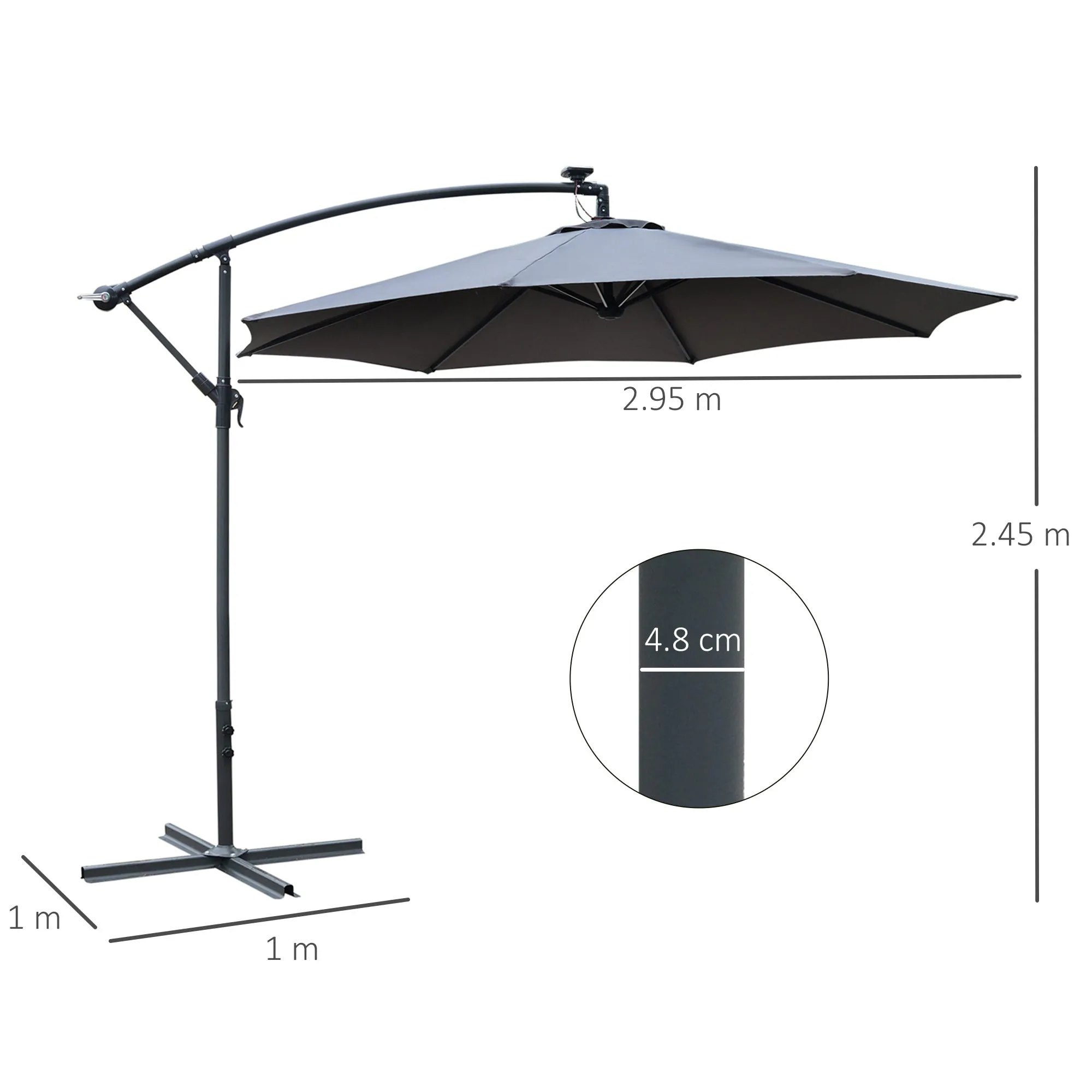 Outsunny 3(m) LED Patio Banana Umbrella Cantilever Parasol w/ Crank, Grey