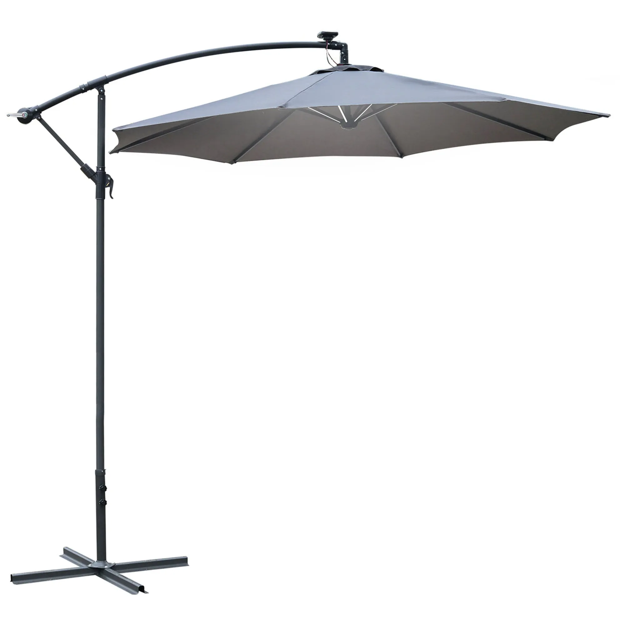 Outsunny 3(m) LED Patio Banana Umbrella Cantilever Parasol w/ Crank, Grey
