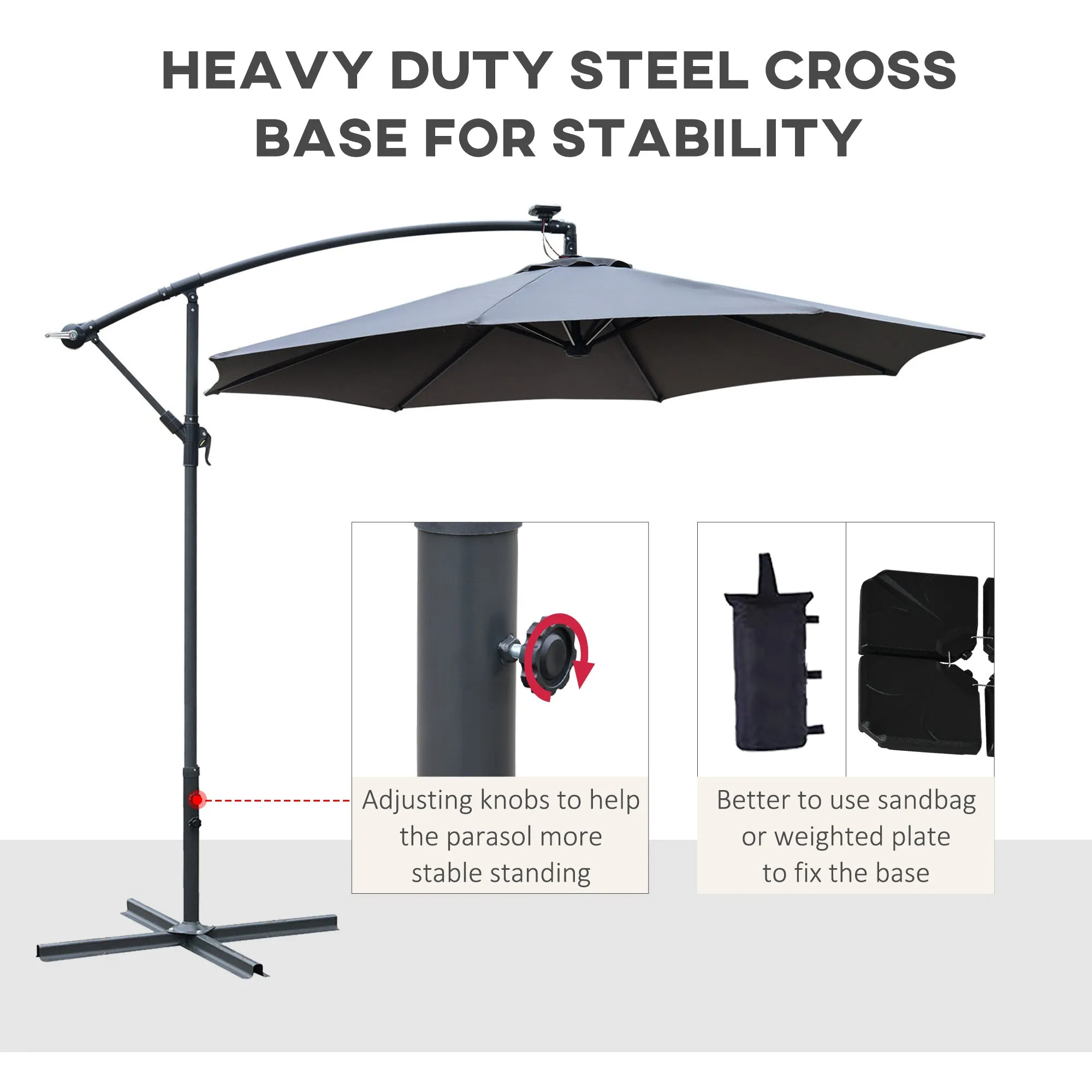 Outsunny 3(m) LED Patio Banana Umbrella Cantilever Parasol w/ Crank, Grey