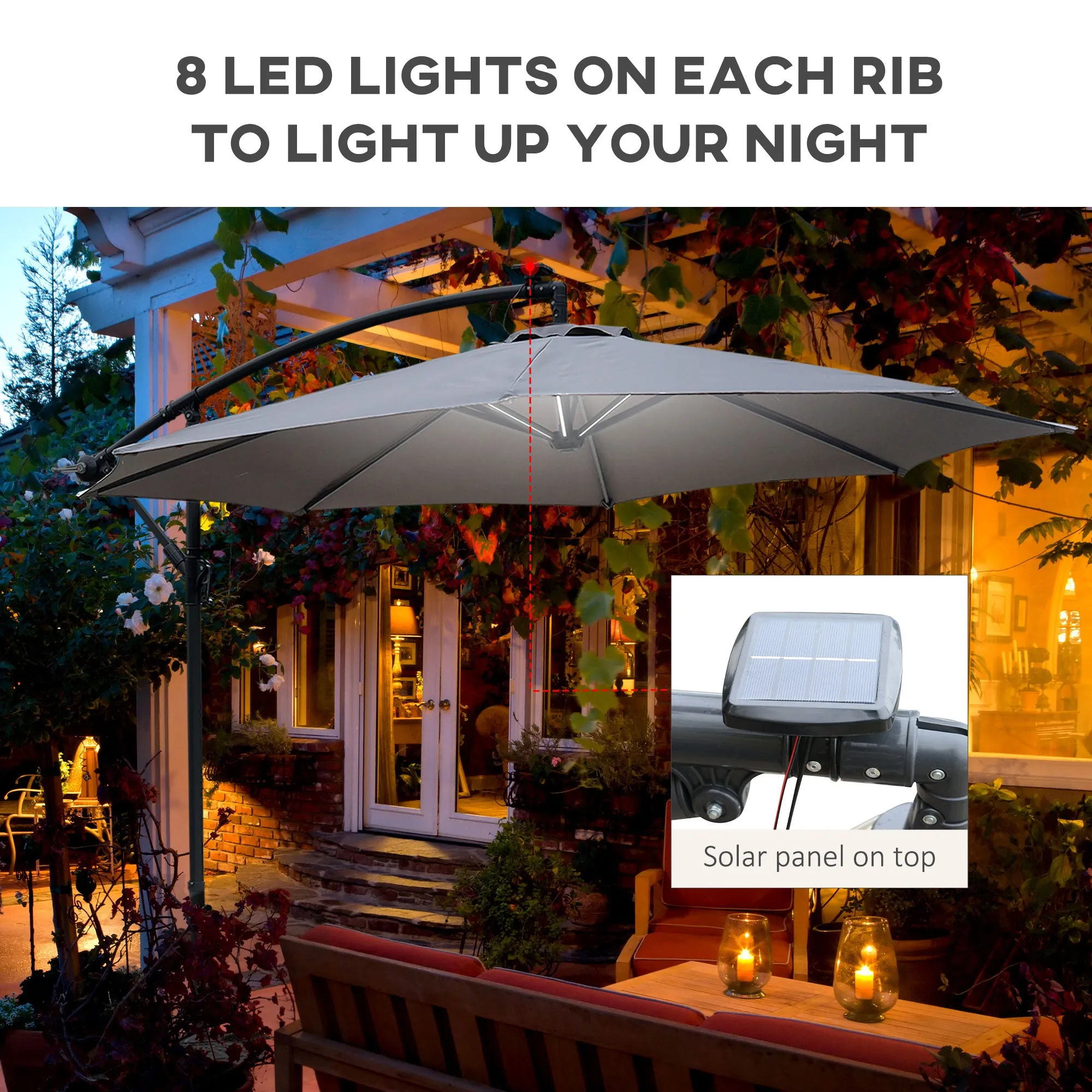 Outsunny 3(m) LED Patio Banana Umbrella Cantilever Parasol w/ Crank, Grey