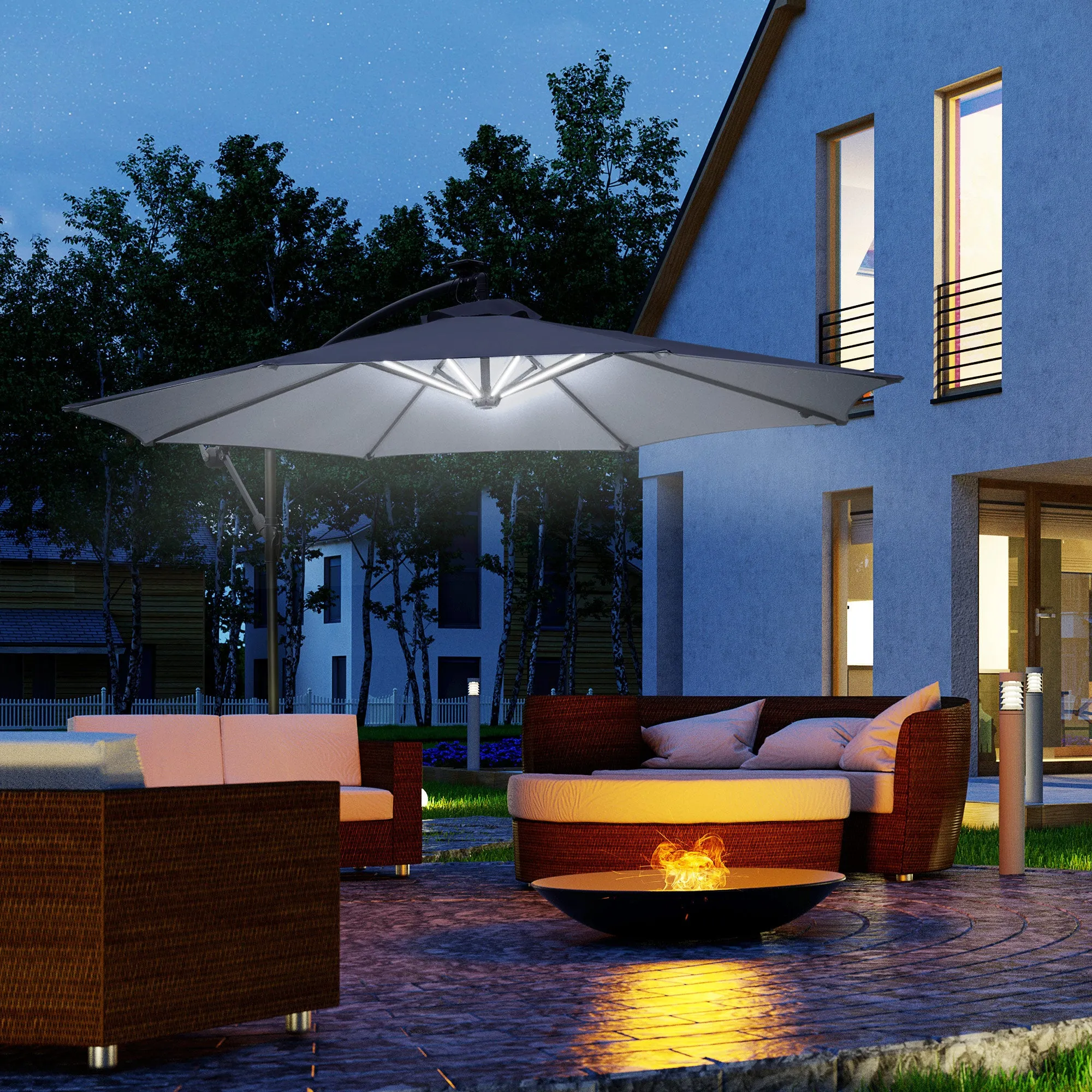 Outsunny 3(m) LED Patio Banana Umbrella Cantilever Parasol w/ Crank, Grey