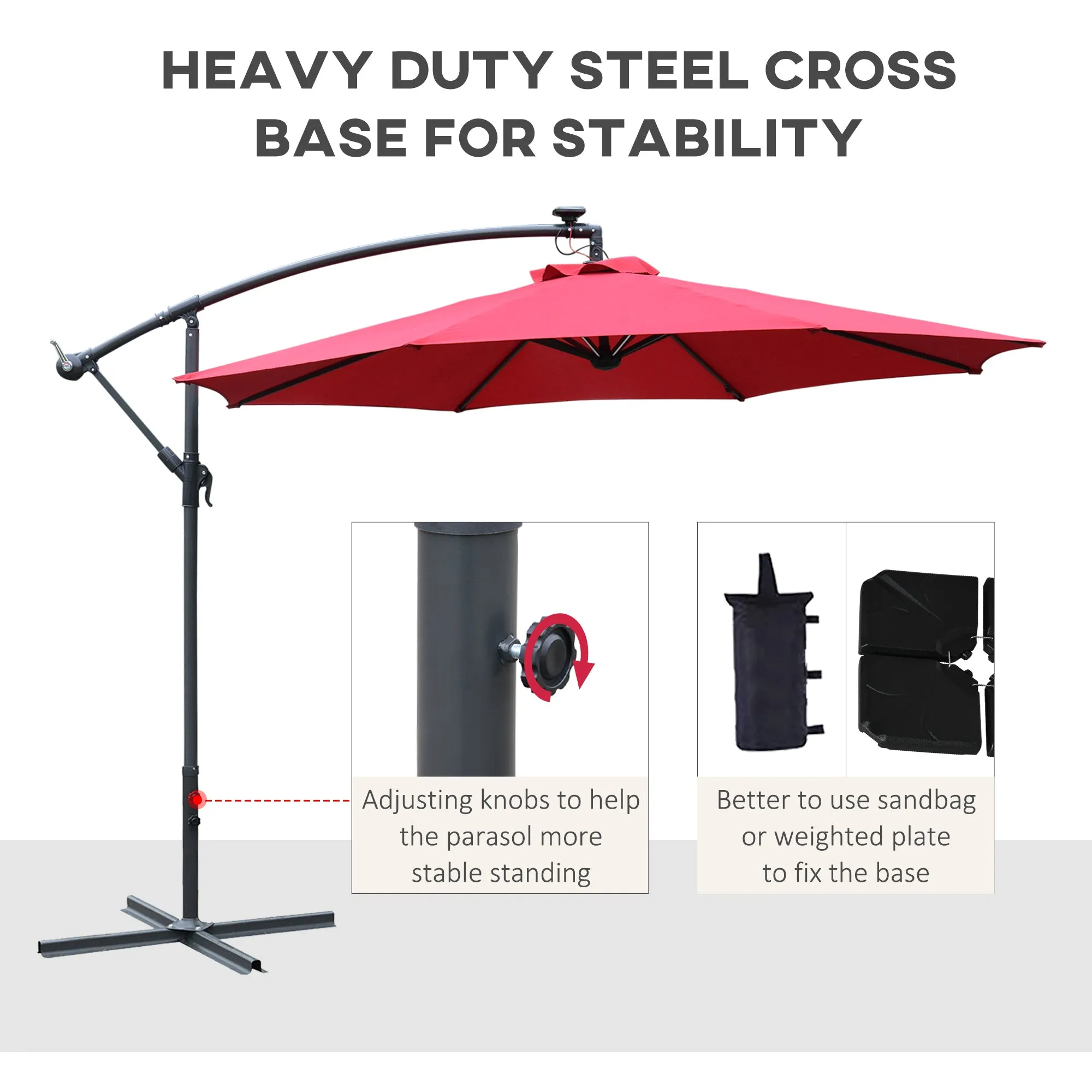 Outsunny 3(m) LED Patio Banana Umbrella Cantilever Parasol w/ Crank, Red