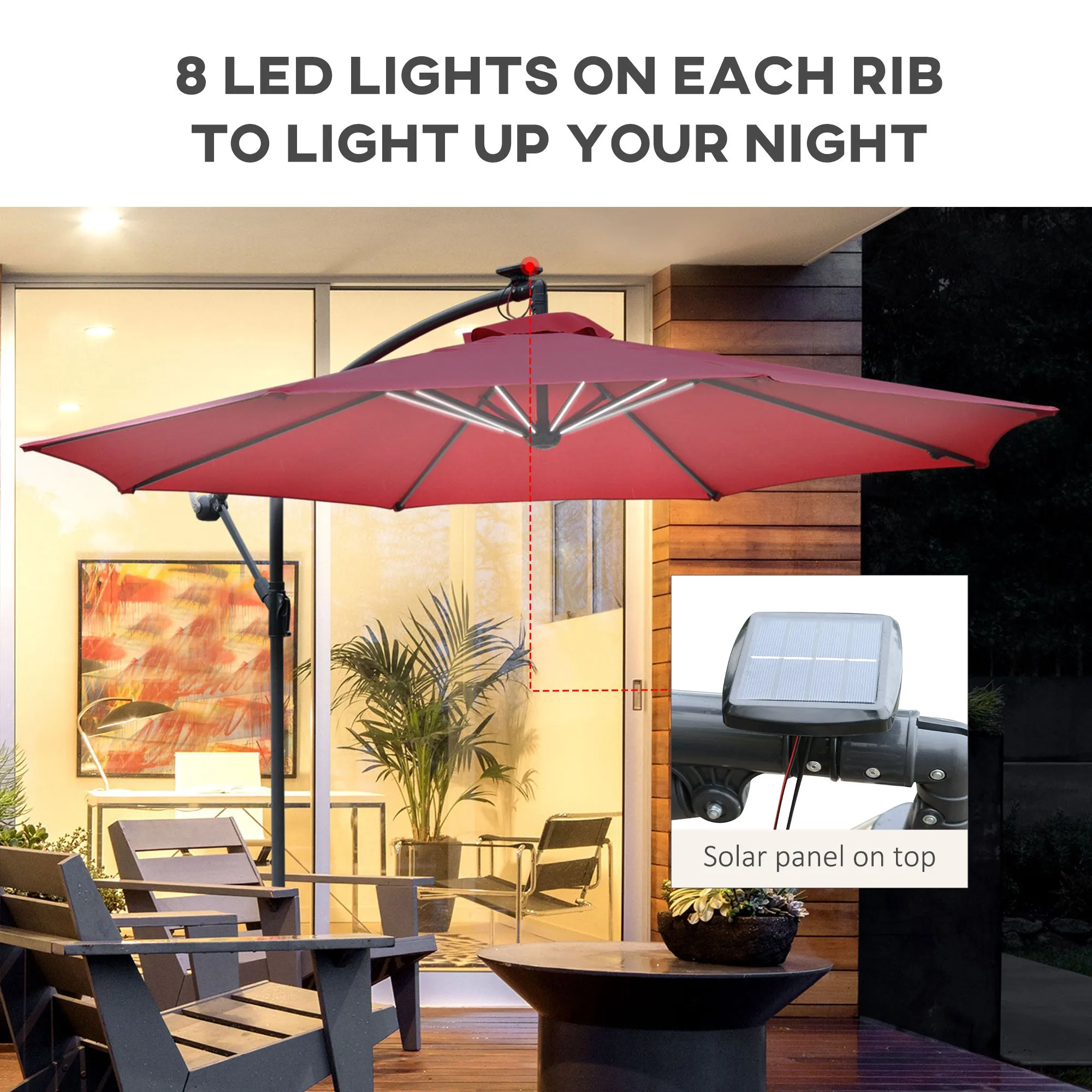Outsunny 3(m) LED Patio Banana Umbrella Cantilever Parasol w/ Crank, Red