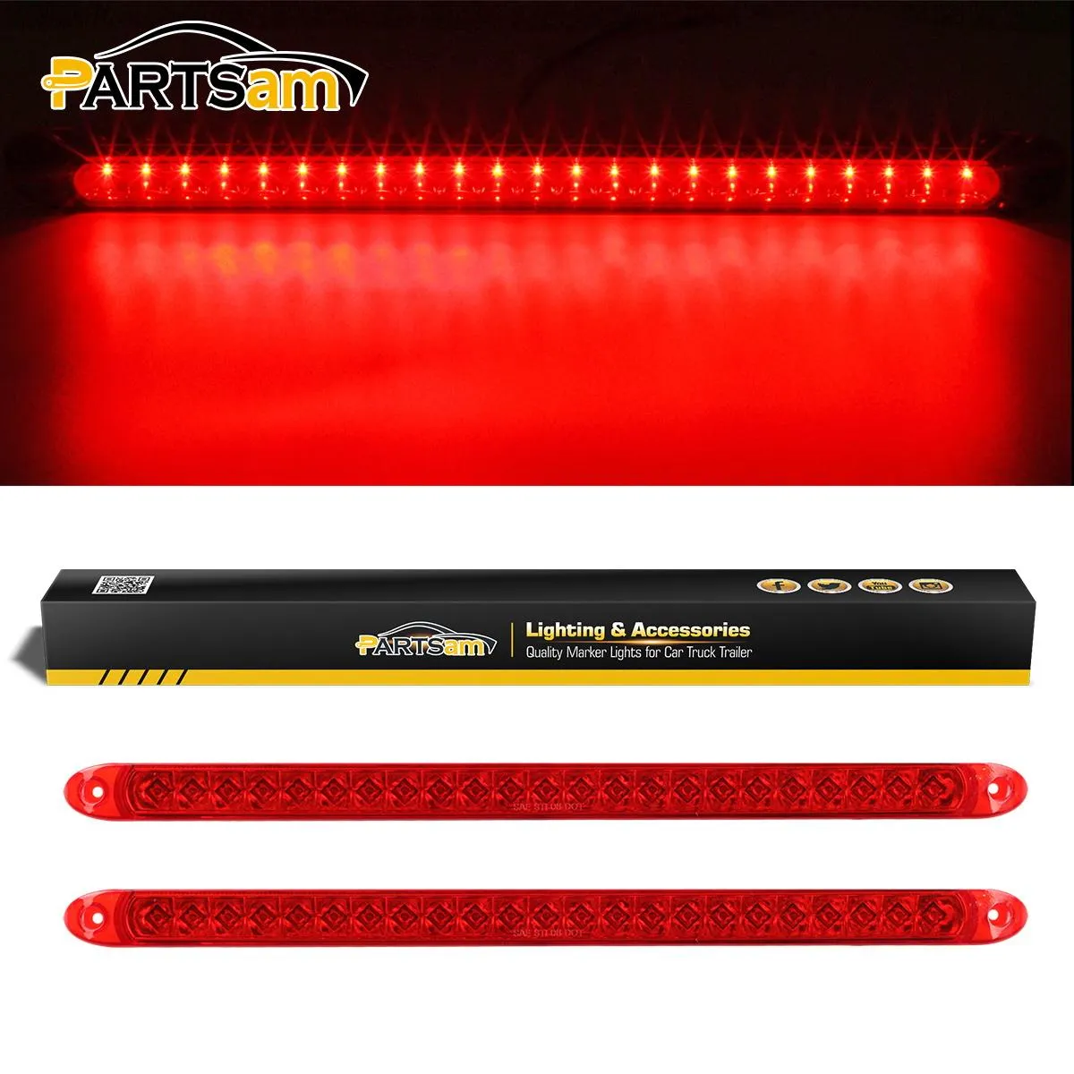 Partsam 2PC Red 17inch 23 LED Light Bar Stop Turn Tail Third 3rd Brake Light Trailer Center Light Bar Car Truck Cargo Trailer Toy Hauler Trailer Tail Light Bar Surface Mount Waterproof