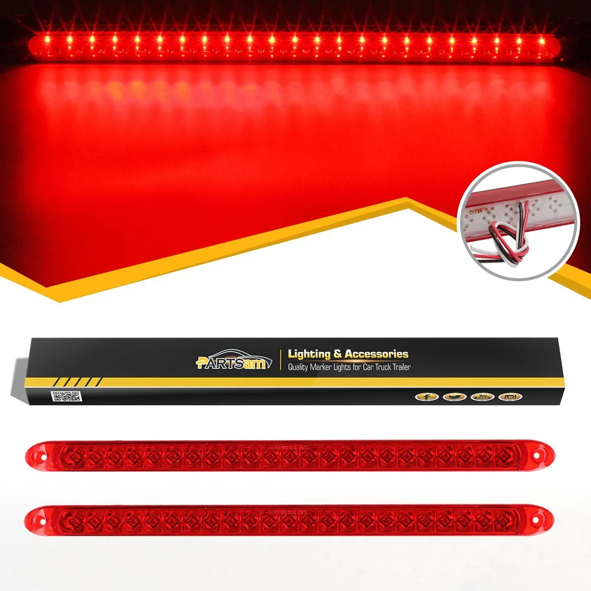 Partsam 2PC Red 17inch 23 LED Light Bar Stop Turn Tail Third 3rd Brake Light Trailer Center Light Bar Car Truck Cargo Trailer Toy Hauler Trailer Tail Light Bar Surface Mount Waterproof