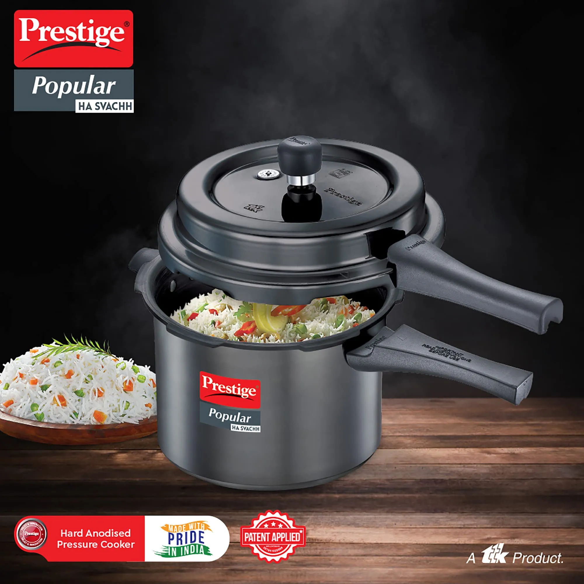 Prestige Popular Svachh Hard Anodised Outer Lid Pressure Cooker (5.0 L, Black, Deep Lid-Controls Spillage), 5 Liter