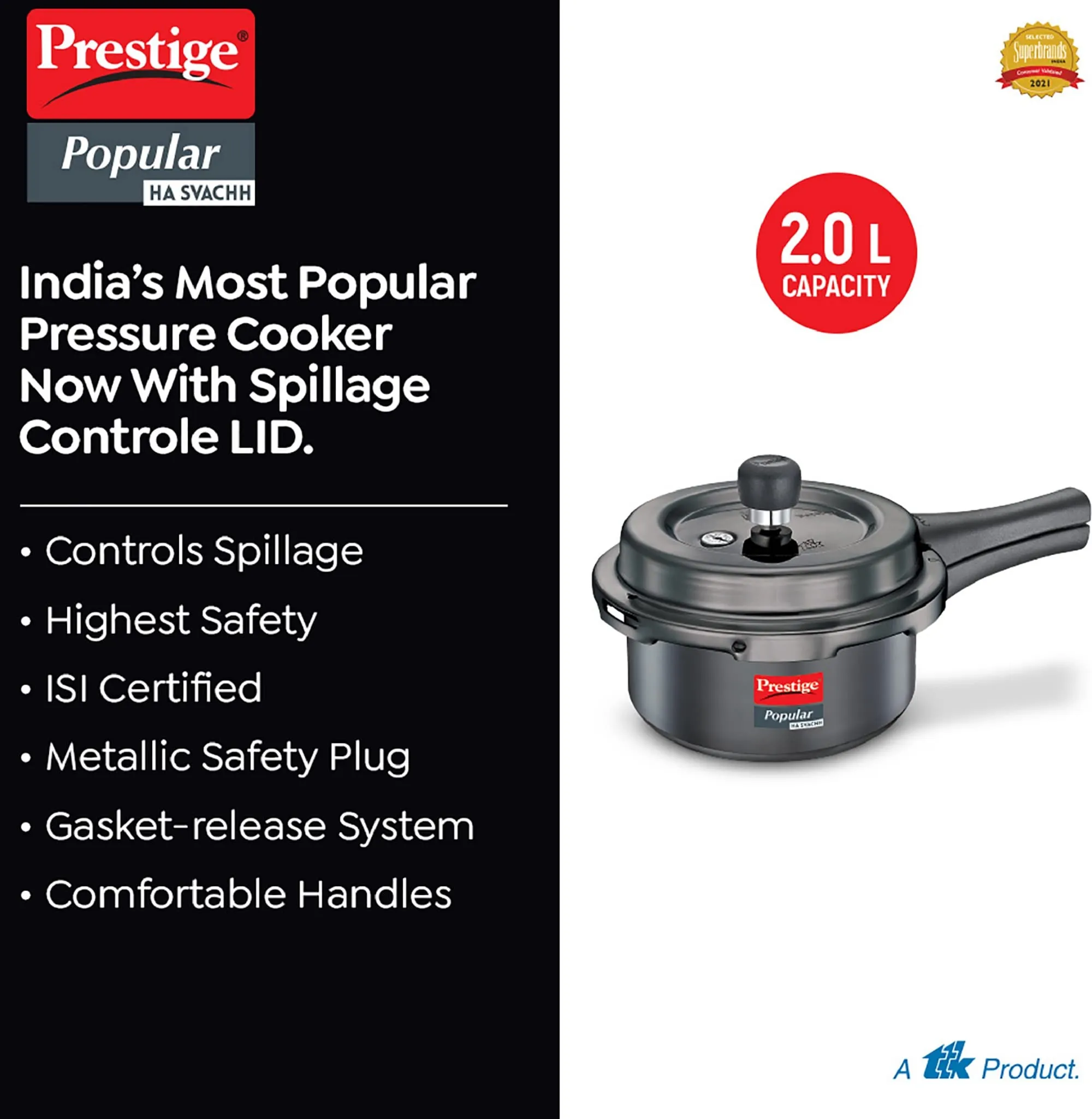 Prestige Popular Svachh Hard Anodised Pressure Cooker(2.0 L, Black, Deep Lid-Controls Spillage)